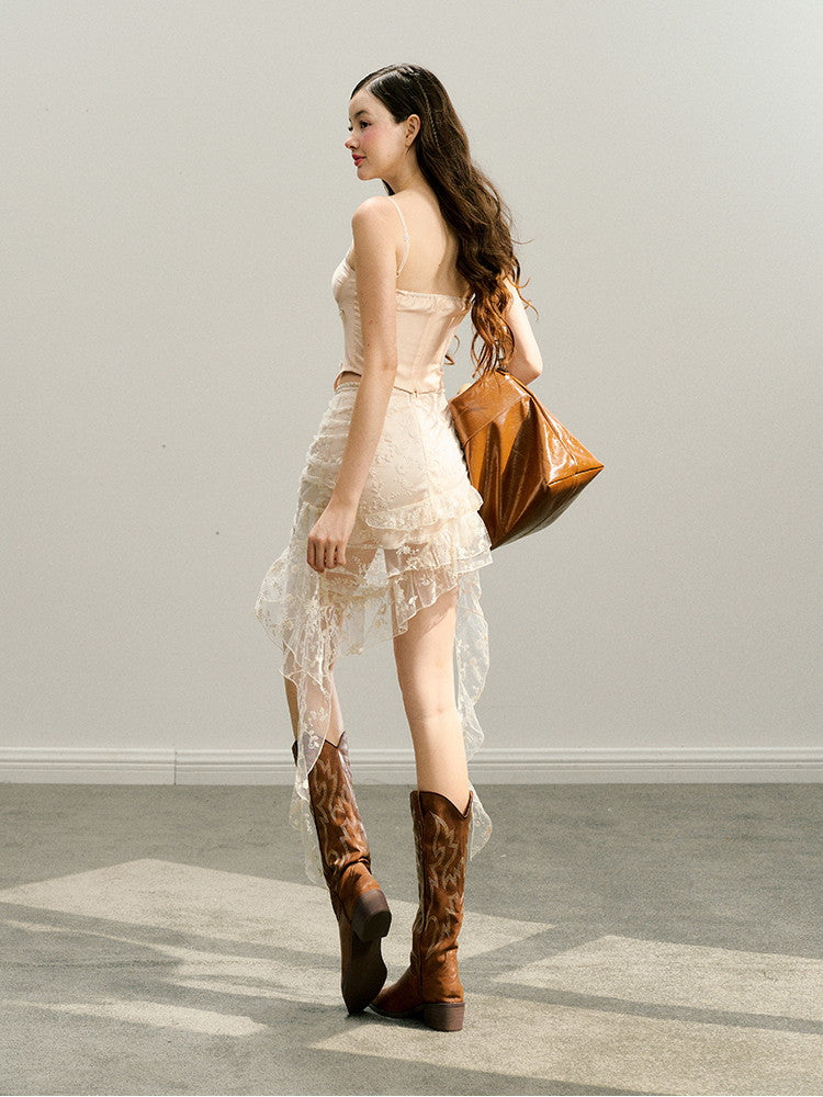 Lace Asymmetry Flower Elegant Feminine Skirt