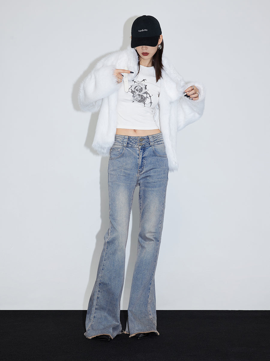 스탠드 콜라 고급 고급 푸른 털 자켓