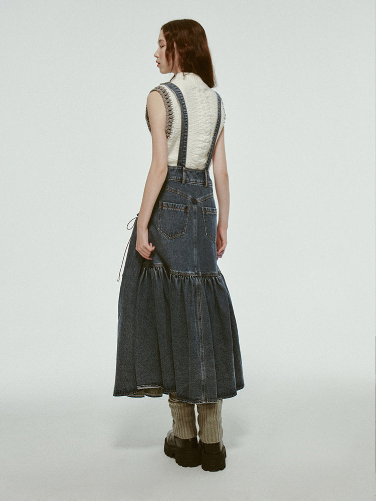 Retro Gather Denim Ribbon Casual Long One-Piece