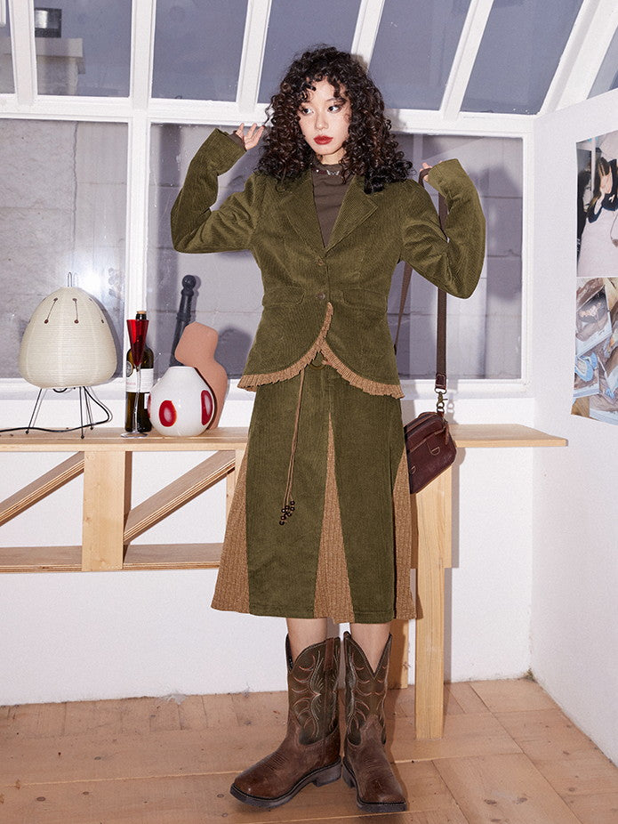 Corduroy Patchwork Flare Retro Simpe Long-Skirt