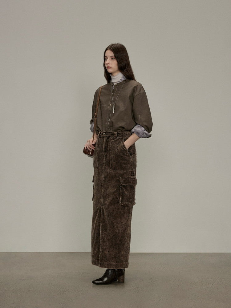 Side-Pocket Corduroy Plain Thick Casual Slit Long-Skirt