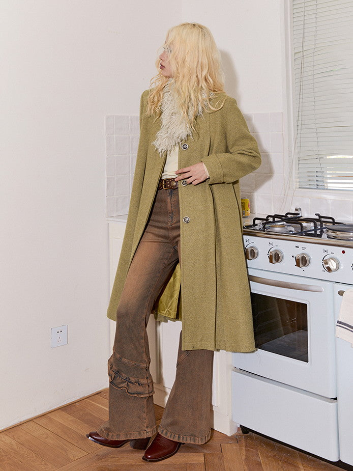 Fur-Collar Plain Flare Simple Elegant Long-Coat