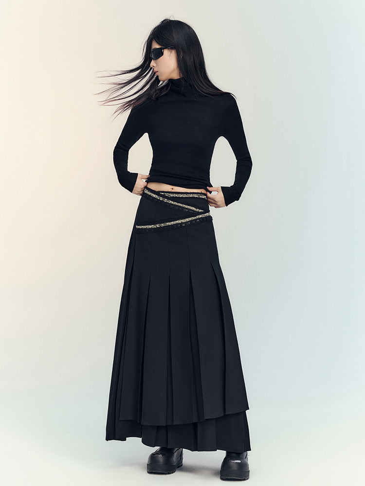 Box-Pleats Flare Glitter Plain Long-Skirt