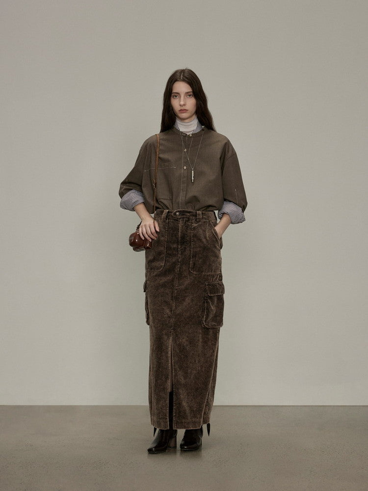 Side-Pocket Corduroy Plain Thick Casual Slit Long-Skirt