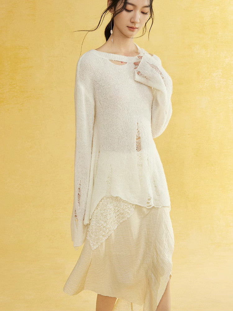 비대칭 손상 난소 캐주얼 커버 니트