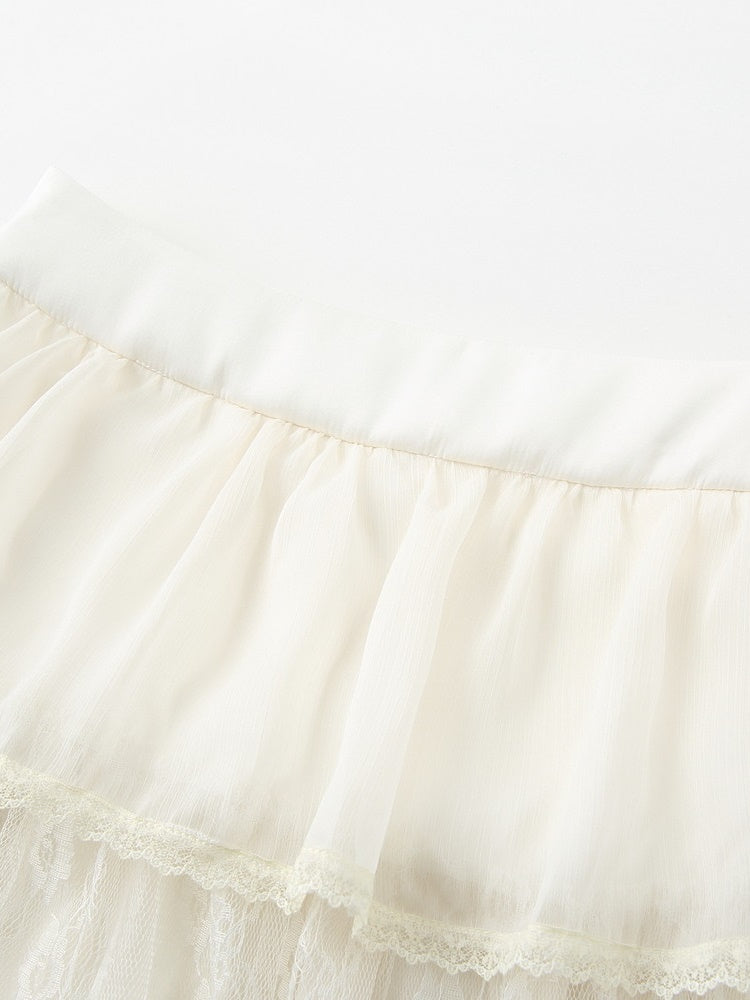 Sheer Frill Lace Feminine Blouse&Mini-Skirt