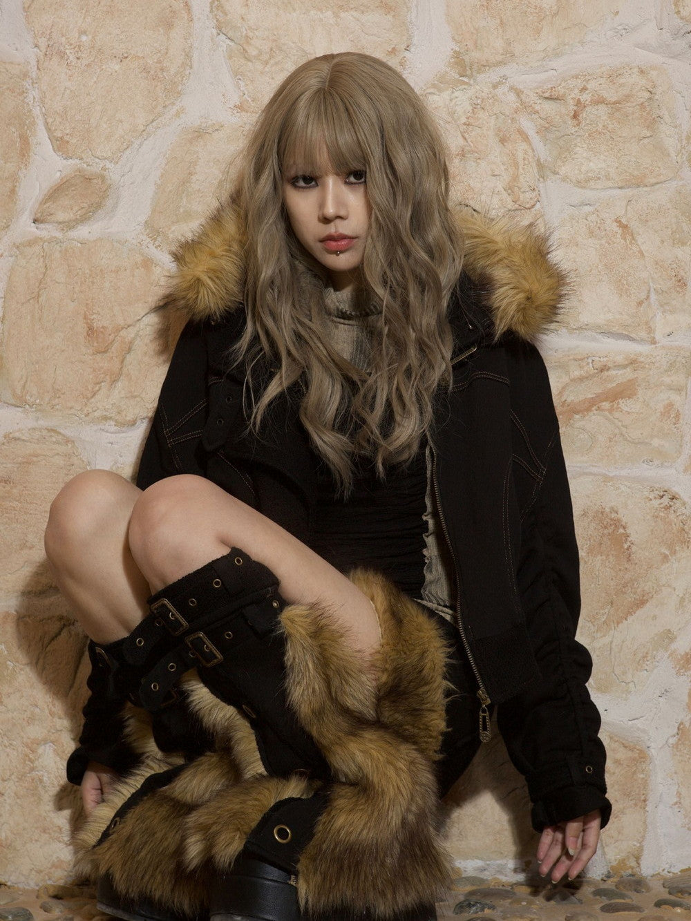 Fur Hoodie Leather Gather Jacket