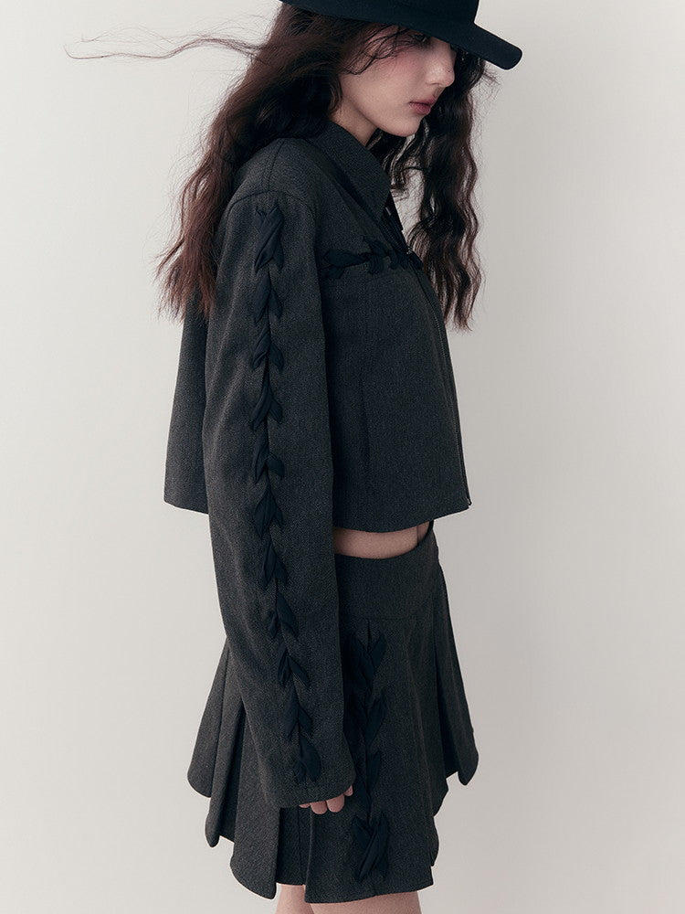 Chic Braid Cute Set-Up Zip Natural Jacket&Skirt