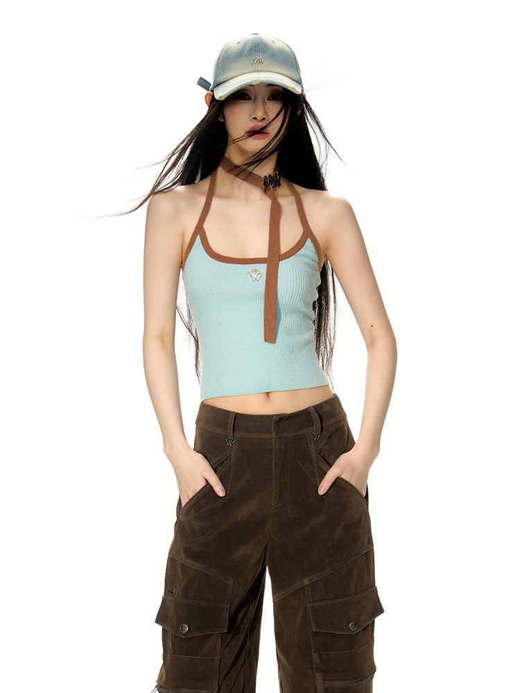 Knit Bi-Color Plain Set-Up Cardigan&Camisole