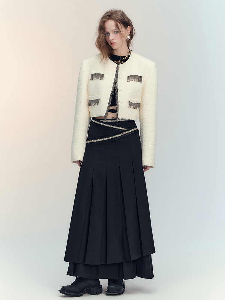 Tassel Wool No-Collar Chic 고급 재킷 미니 스커트
