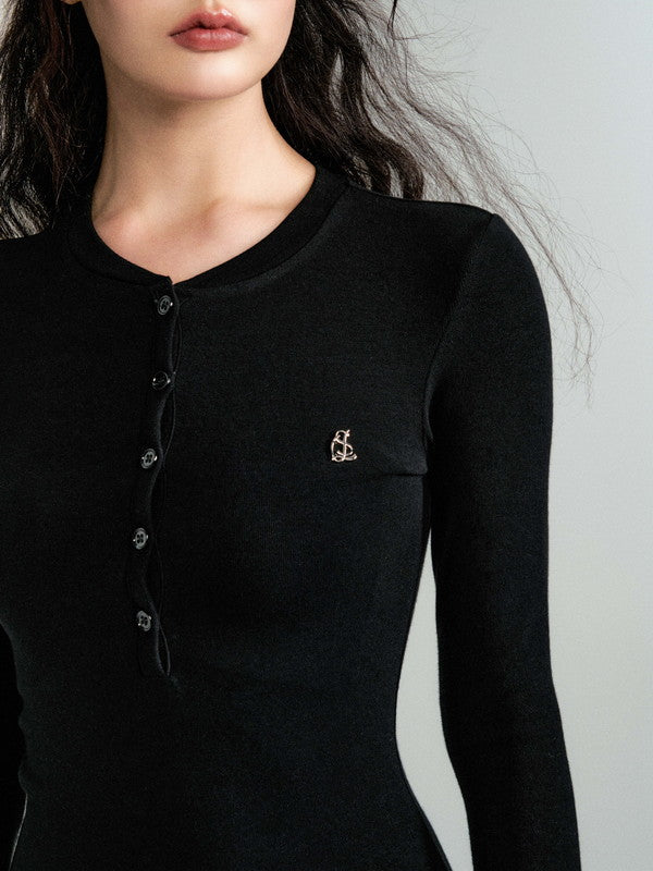 Knit Tgith Short V-Neck Long-Sleeve Simple Dress