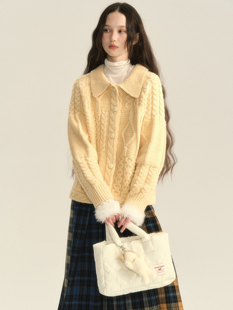 Button Retro Polo-Neck Cardigan Cable-Knit
