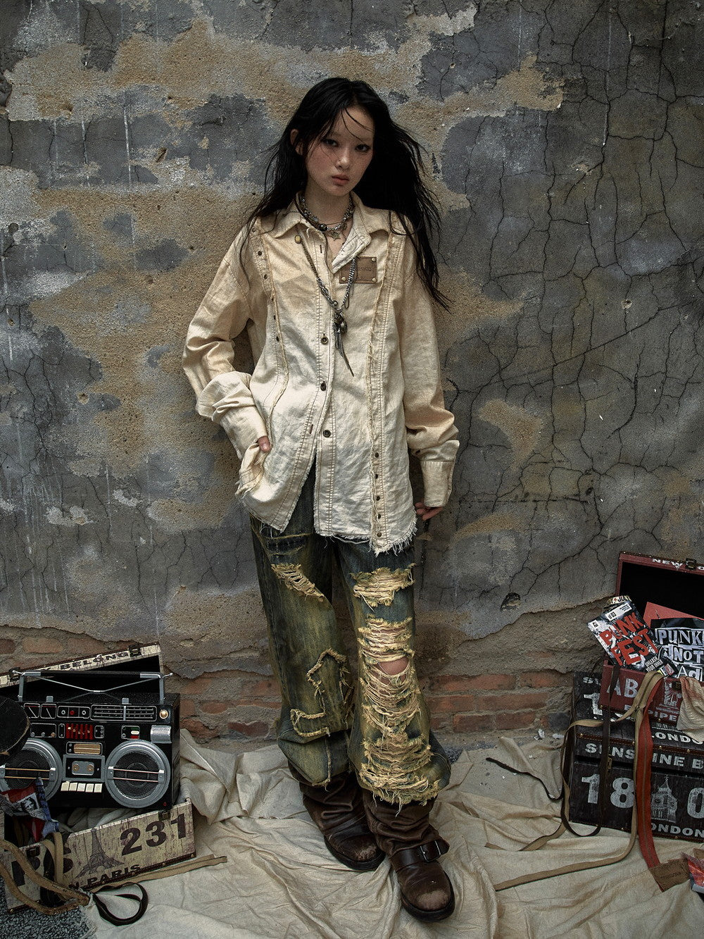 Ovresize Studs Vintage Watashed Shirt