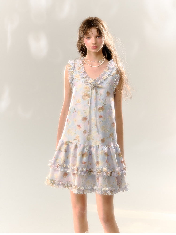 Flower Rose Frill No-Sleeve Sweet Dress
