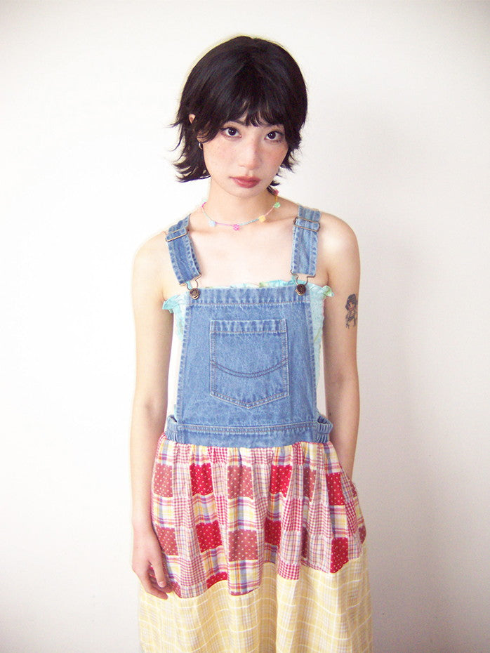 Patchwork Docking Denim Casual Checked Girly Nichi Long One-Piece