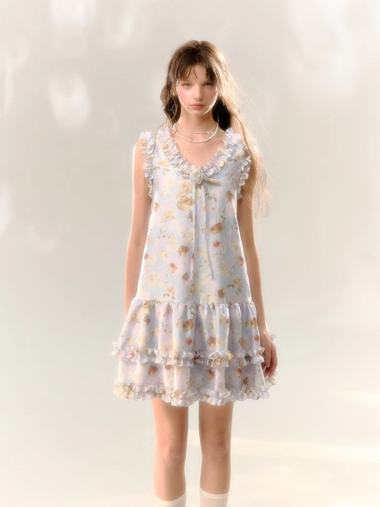 Flower Rose Frill No-Sleeve Sweet Dress