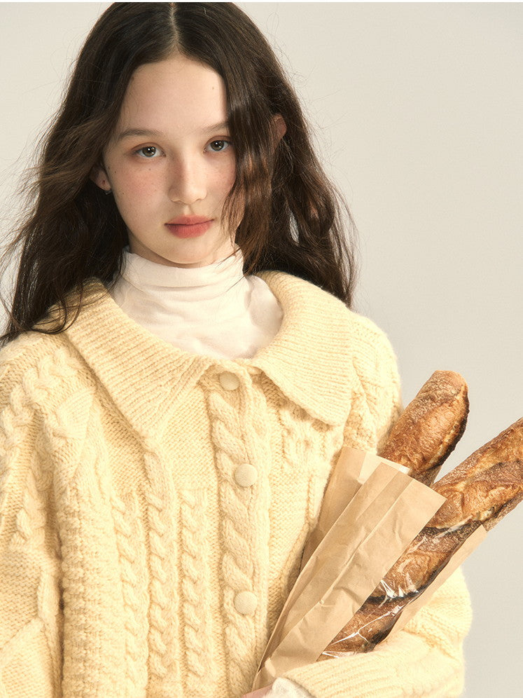 Button Retro Polo-Neck Cardigan Cable-Knit