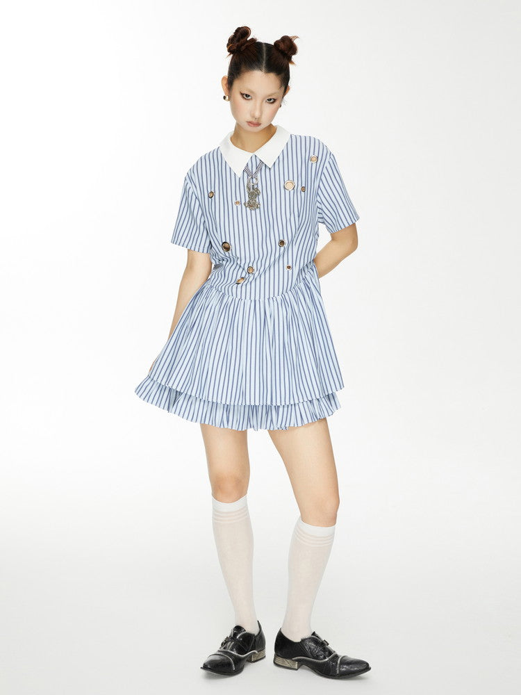 Stripe Tiered Frill Girly Flare Long-Tops Dress