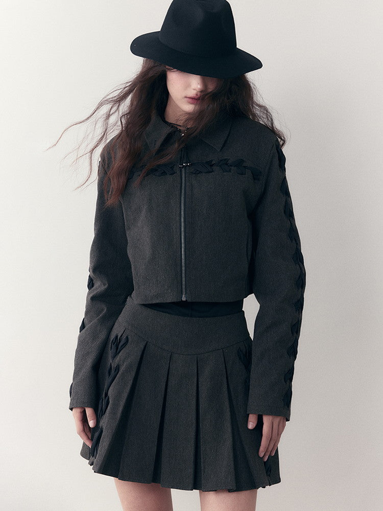 Chic Braid Cute Set-Up Zip Natural Jacket&Skirt