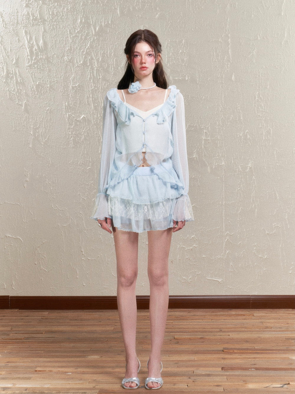 Sheer Frill Lace Feminine Blouse&Mini-Skirt