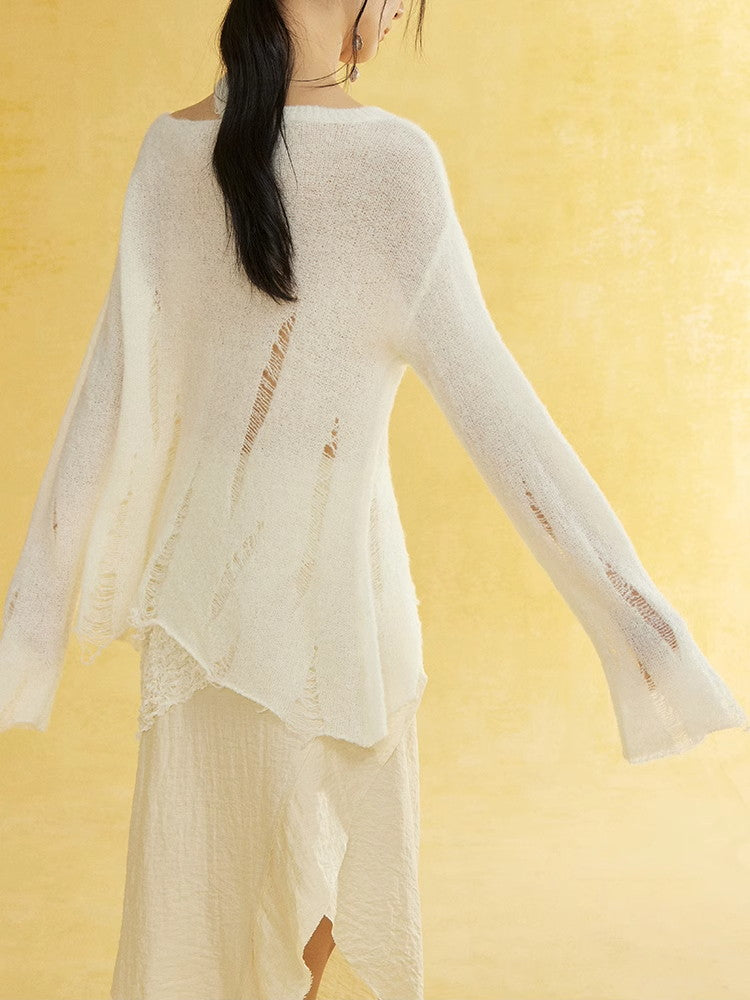 비대칭 손상 난소 캐주얼 커버 니트