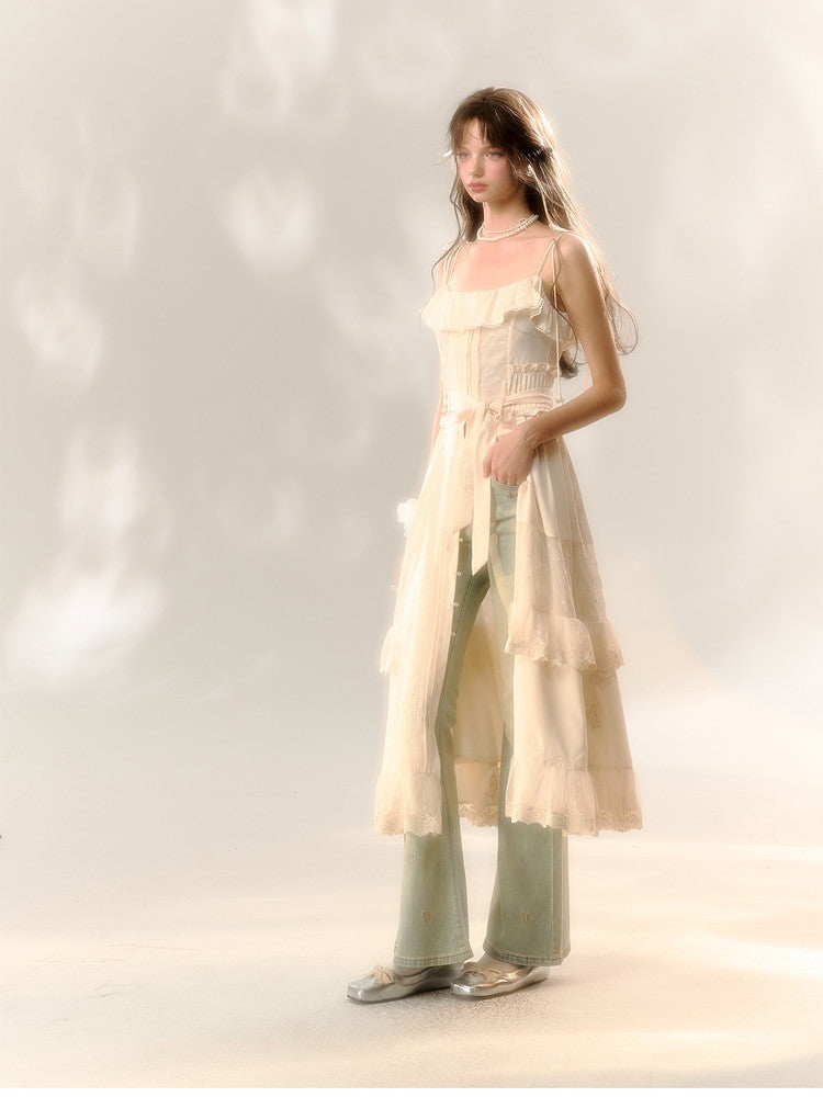 Lace Frill Camisole Ribbon Cute Long Dress