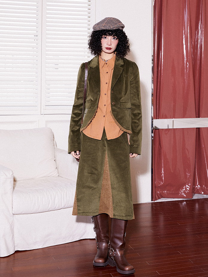 Corduroy Patchwork Flare Retro Simpe Long-Skirt