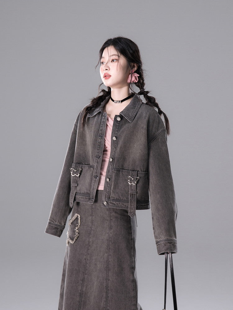Shirt&Long-Skirt Demin Butterfly Tassel Vintage Set-Up
