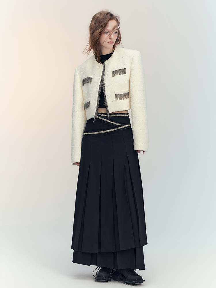 Tassel Wool No-Collar Chic 고급 재킷 미니 스커트
