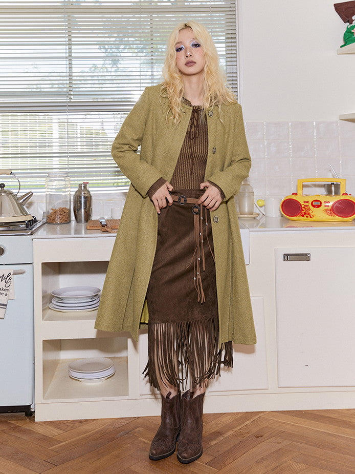 Fur-Collar Plain Flare Simple Elegant Long-Coat