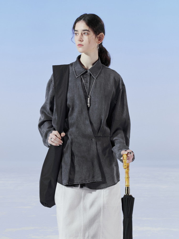 데님 비대칭 드레이프 니치 씻기 셔츠
