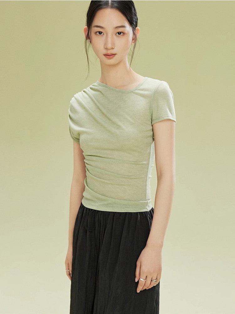 Asymmetry Simple Drape Gather Plain T-Shirt