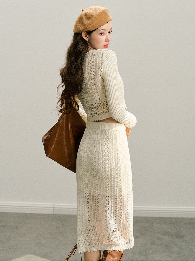 Knit Set-Up Sheer Mesh Scallop Feminine Sexy Tops&Skirt