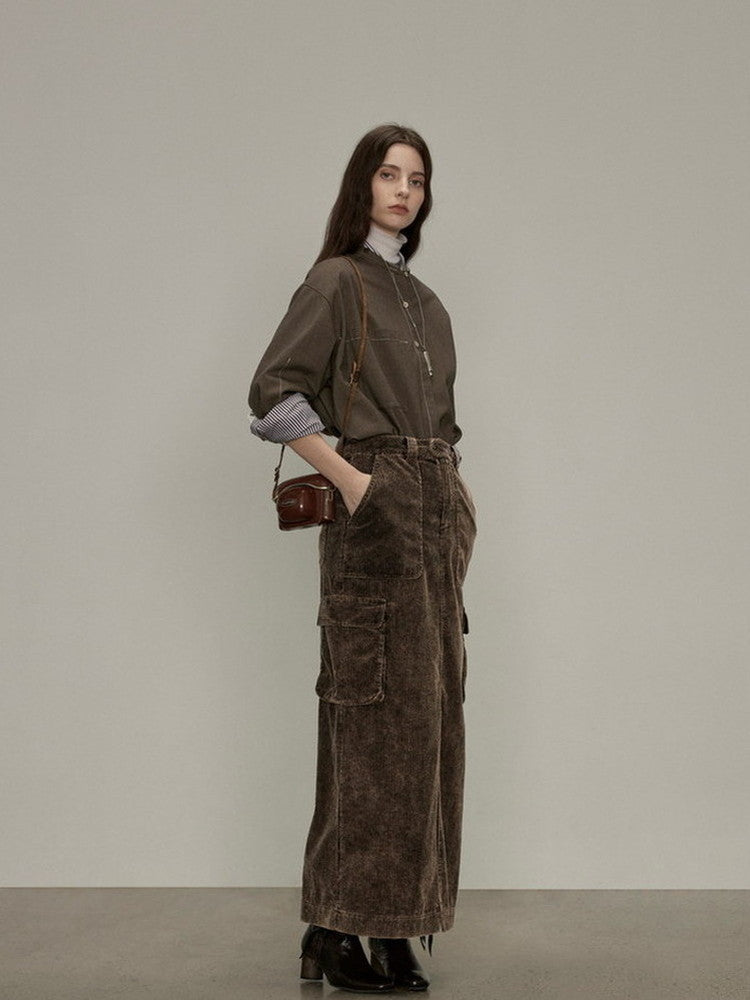 Side-Pocket Corduroy Plain Thick Casual Slit Long-Skirt
