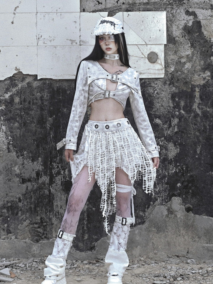 고딕 빈티지 비대칭 니치 손상 메쉬 헴 스커트