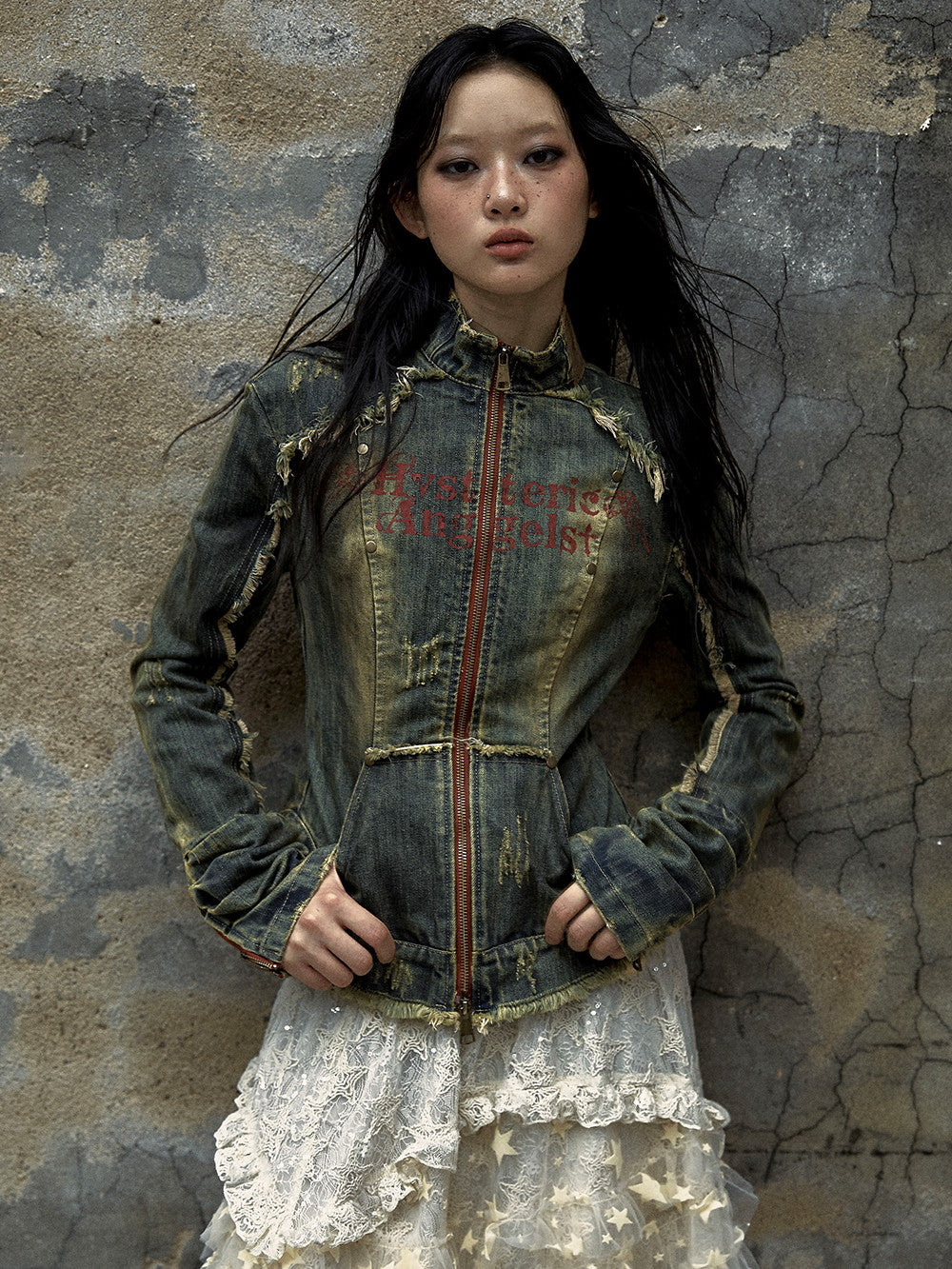 Denim Drape Stand-Collar Damage Washed Jacket