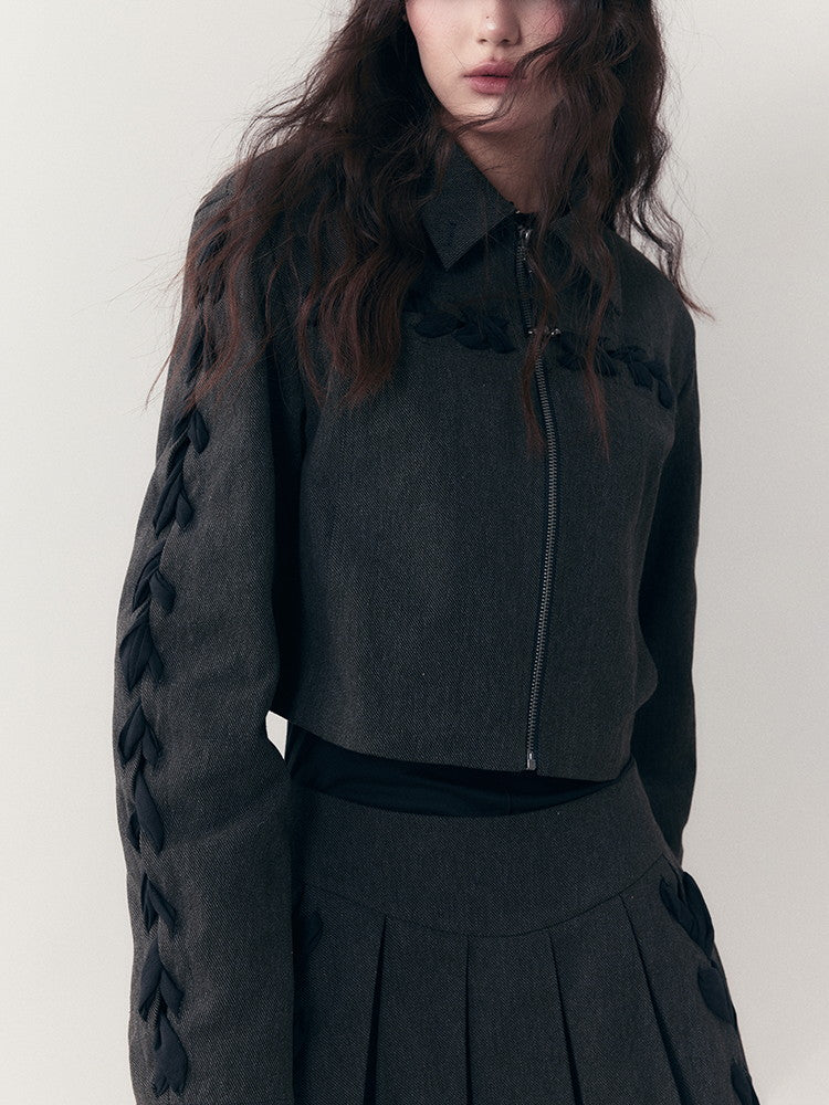 Chic Braid Cute Set-Up Zip Natural Jacket&Skirt