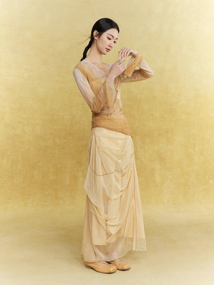 Mesh Sheer Drape Elegant Chic Oong-Skirt