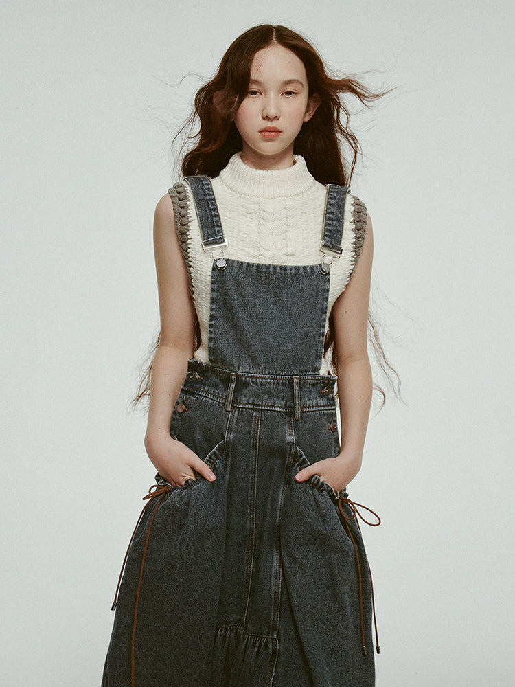 Retro Gather Denim Ribbon Casual Long One-Piece