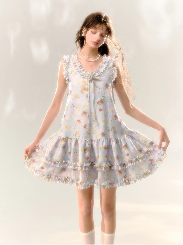Flower Rose Frill No-Sleeve Sweet Dress