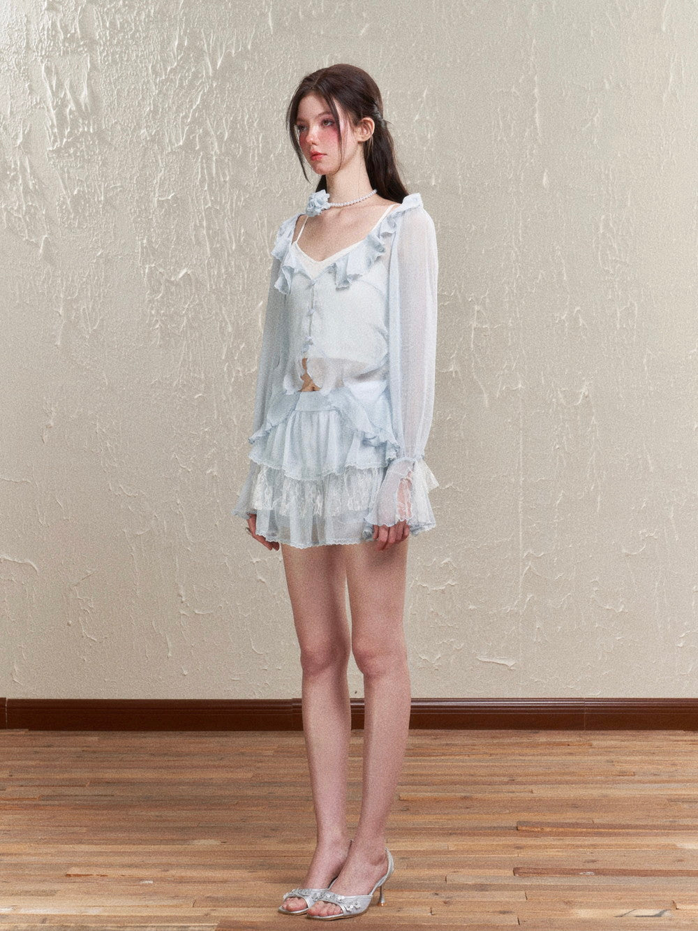 Sheer Frill Lace Feminine Blouse&Mini-Skirt