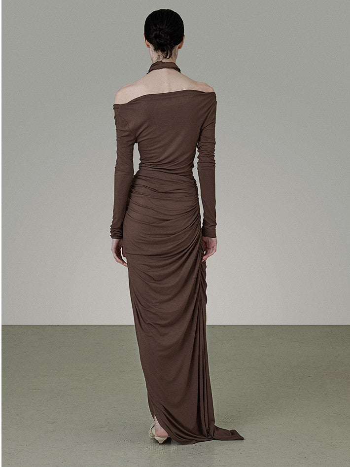 Set-Up Classy Plain Stretch Frill Drape Off-Shoulder Gather Cutsew&Long-Skirt