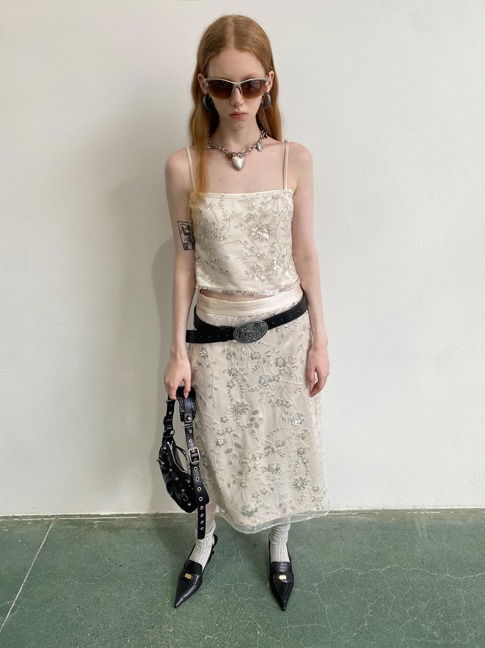 Sequin Elegant Lace Beads Flower Camisole&Skirt