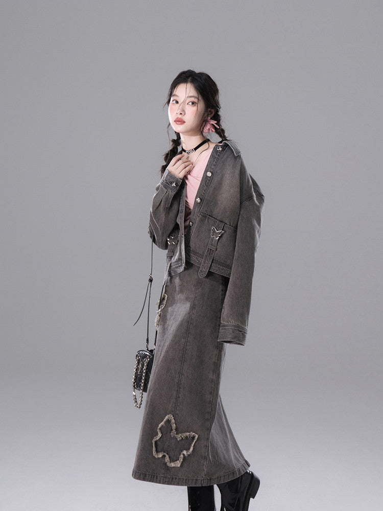 Shirt&Long-Skirt Demin Butterfly Tassel Vintage Set-Up