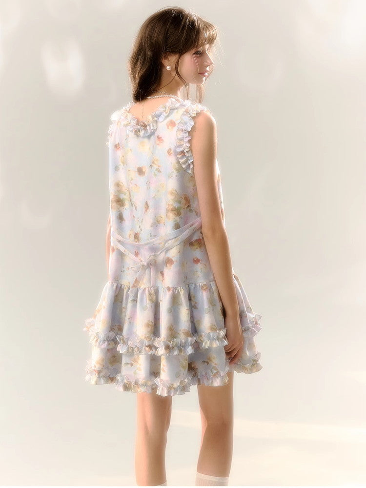 Flower Rose Frill No-Sleeve Sweet Dress
