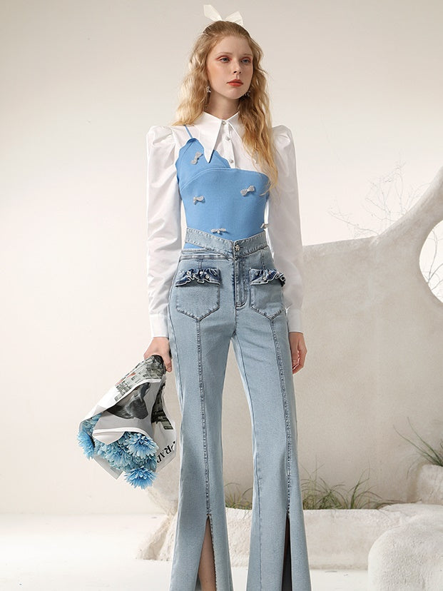 Knit&Shirt Ribbon Fake-Layered Docing Nichi Retro Tops
