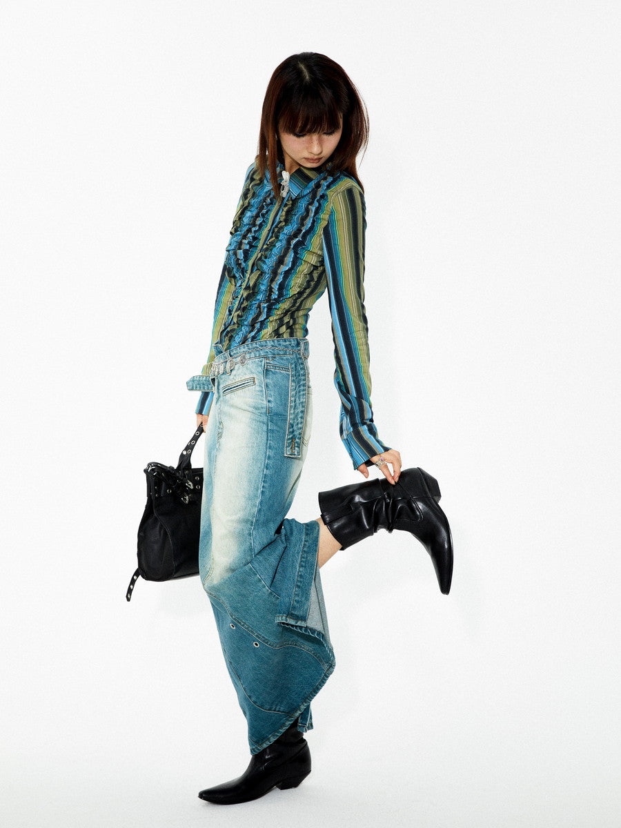 Stripe Colorfer Frill Ruffle Nichi Wunderschöne Bluse