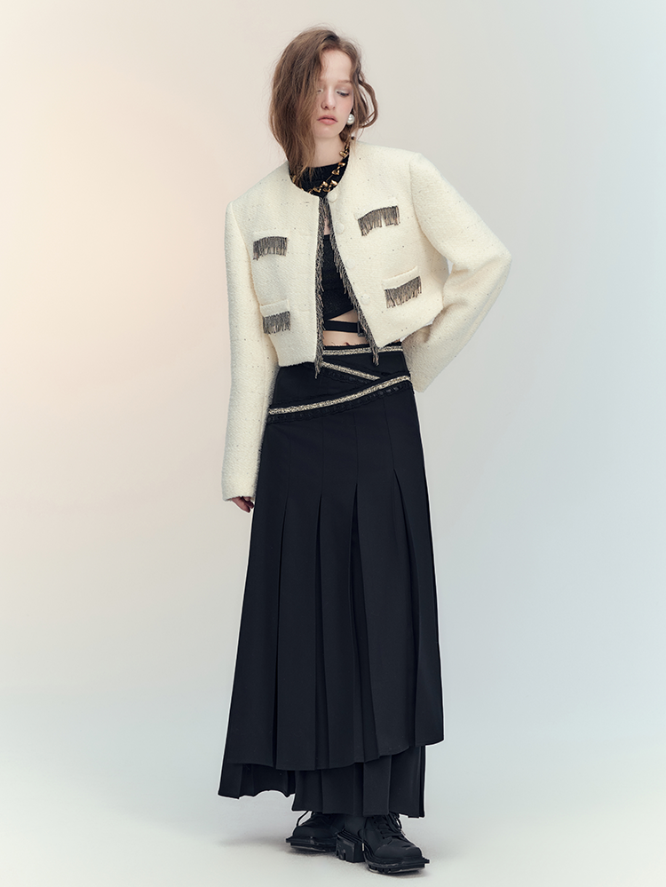 Tassel Wool No-Collar Chic 고급 재킷 미니 스커트