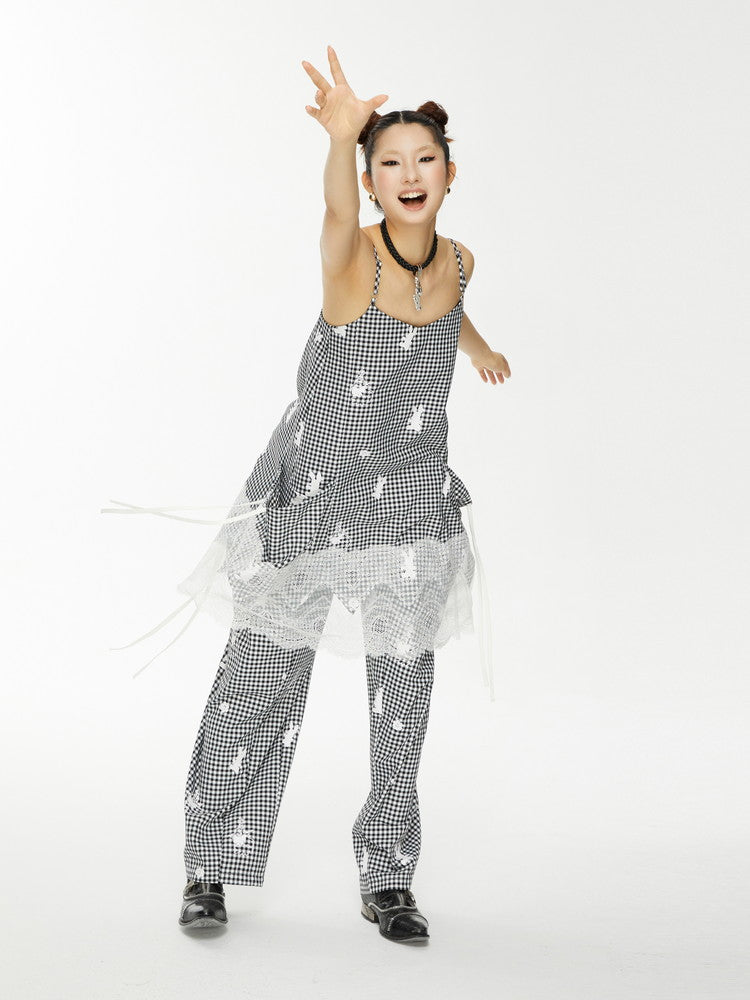 Lace Gingham-Checked Girly Loose Camisole Casual Dress&Pants