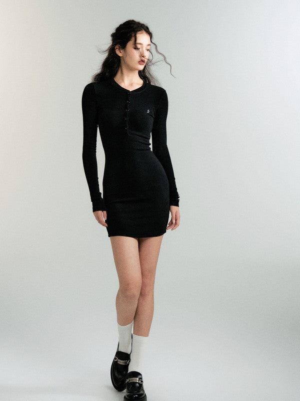 Knit Tgith Short V-Neck Long-Sleeve Simple Dress
